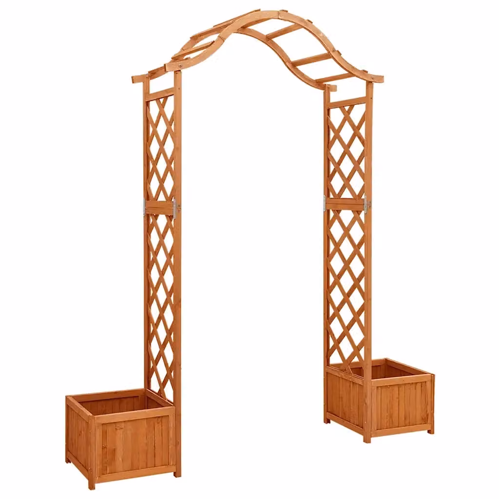 Pergola da Giardino Design Mania in Legno di Abete Marrone con Fioriera e Griglia Curva, H: 175 cm, L: 204 cm, P: 40 cm – 2