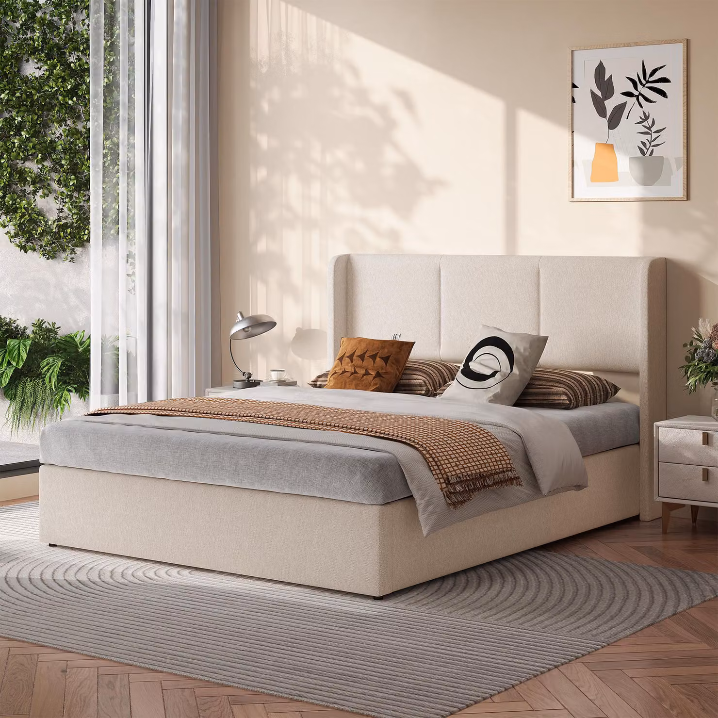 Letto imbottito 160x200 cm con contenitore, letto con sistema di sollevamento idraulico e spazio contenitivo, testiera imbottita con schienale, rete a doghe, letto matrimoniale rivestito in tessuto, colore beige