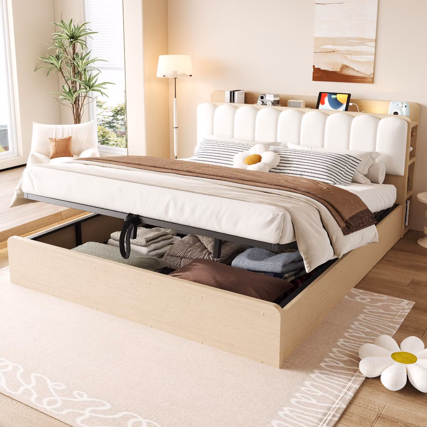 Letto matrimoniale in legno imbottito, 180x200 cm, con testiera dotata di porta USB e luce notturna a LED. Letto con sistema di sollevamento idraulico e spazio contenitore, testiera imbottita, letto matrimoniale con vano portaoggetti, finitura naturale