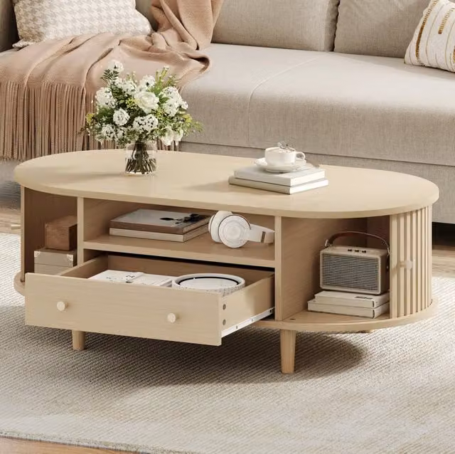 Tavolino da salotto ovale 100x50x36 cm in MDF colore legno con cassetto e anta scorrevole