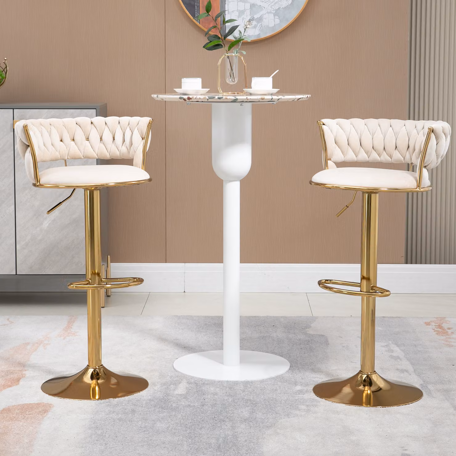 Set di 2 sedie da pranzo okwish, sgabelli da bar girevoli, sedie regolabili in altezza, con poggiapiedi, per cucina, sala da pranzo, locali di intrattenimento, beige
