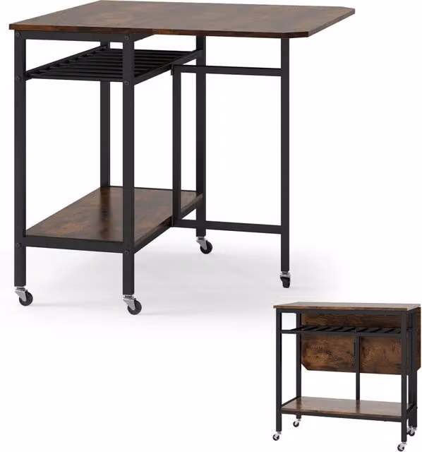 Tavolo pieghevole con piano a farfalla e ripiani portaoggetti in stile industriale, colore marrone, con ruote bloccabili per cucina e soggiorno, L/P/H: 120 x 80 x 75 cm – 1