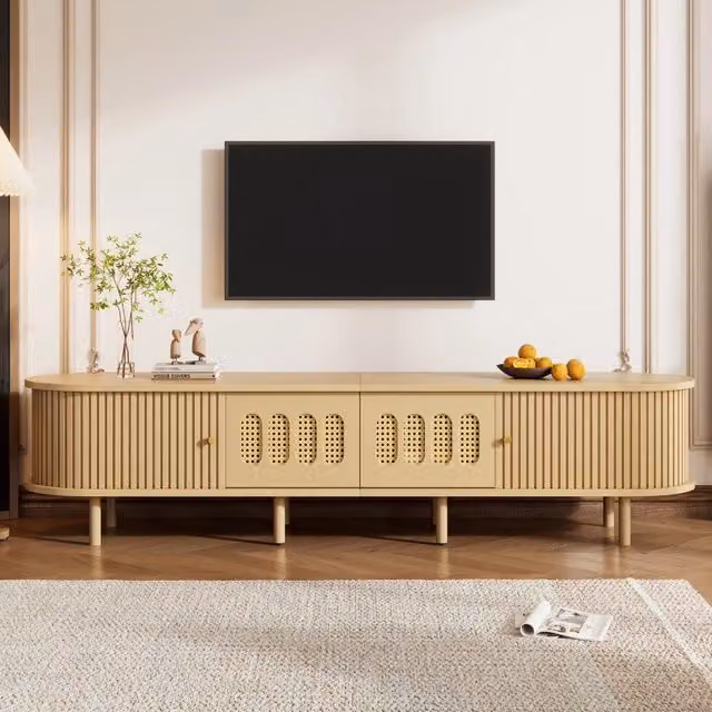 Mobile TV con 2 ante e 2 serrande laterali in MDF naturale; design rattan; per TV fino a 75 pollici 180 × 40 × 40 cm