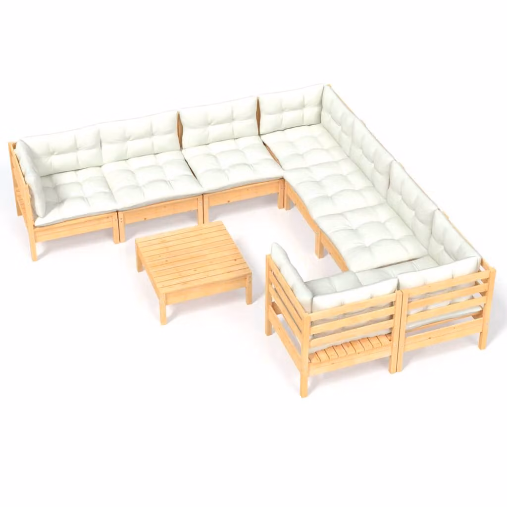 Set Salotto da Giardino 9 pz con Cuscini Crema in Legno di Pino