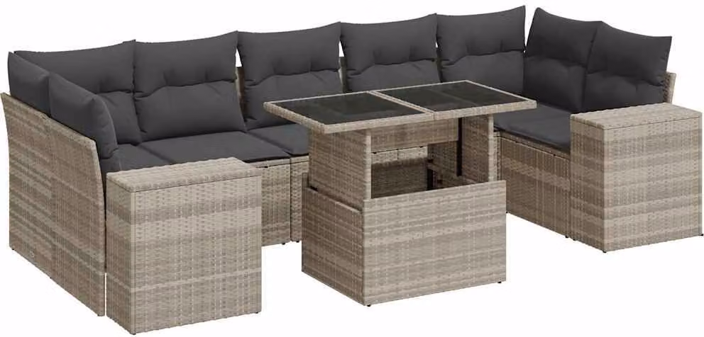 Set Divano da Giardino 8pz con Cuscini Grigio Chiaro Polyrattan