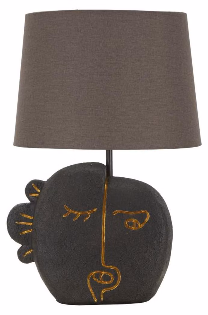 Lampada da tavolo Tribal B in resina antracite con volto dorato e paralume grigio