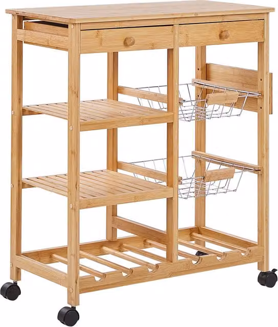Carrello da cucina e sala da pranzo moderno BELIANI in bambù e legno marrone con ruote e portabottiglie L: 67 cm, P: 37 cm, H: 80 cm