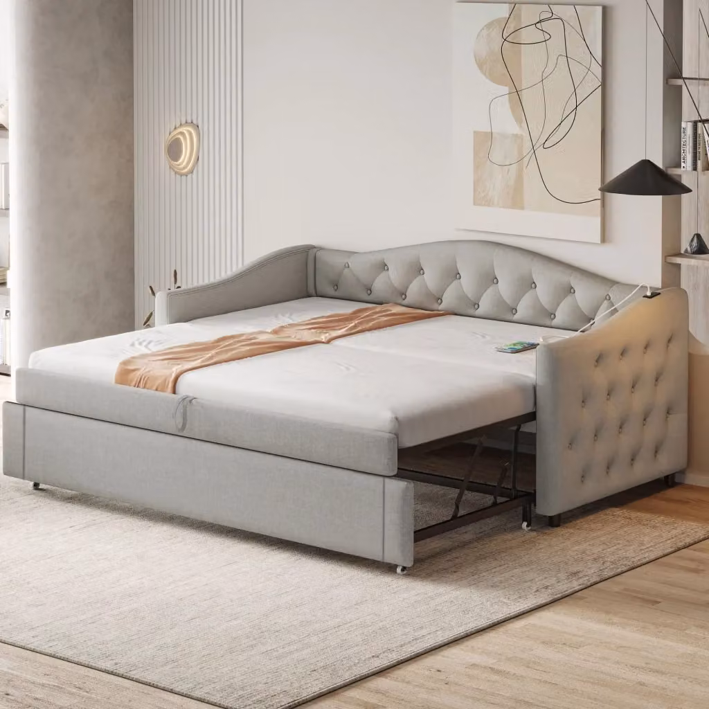 Letto a divanetto singolo con base contenitore a sollevamento e porta USB in lino Grigio, L/P: 90 x 200 cm – 2