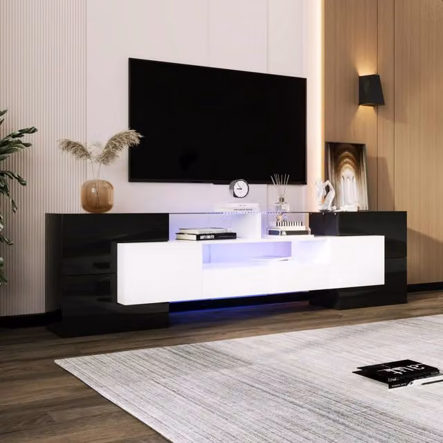 Mobile TV moderno REDOM in MDF nero e bianco con illuminazione LED, 4 ante e 2 cassetti, L/P/H: 200 x 35 x 60 cm – 1