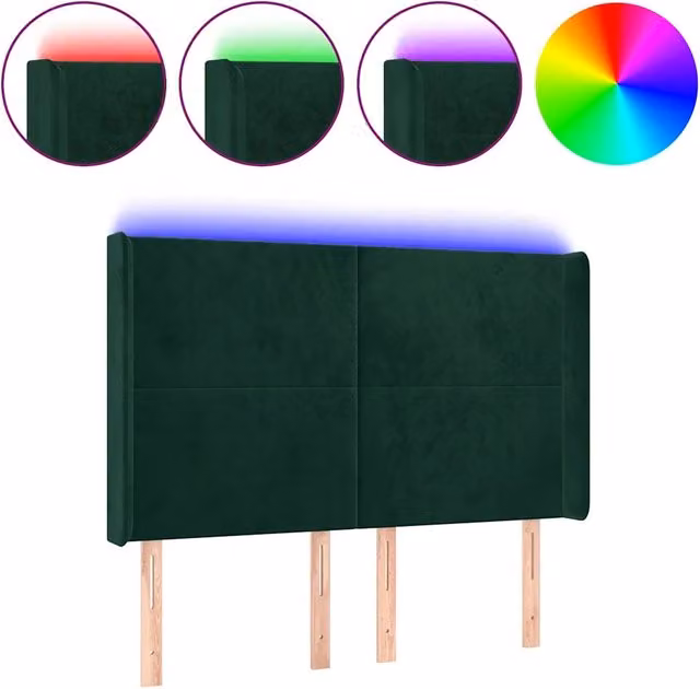 Testiera con illuminazione LED e porta di ricarica USB in velluto verde scuro L: 147 cm, P: 16 cm, H: 118/128 cm – 1