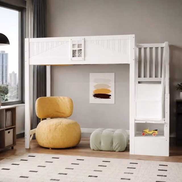 Letto a soppalco Mivray bianco con scala laterale reversibile, vano portaoggetti e protezioni in legno, L/P/H: 90 x 200 x 252,5 cm