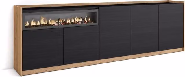 Credenza, Mobile, Cucina, 260x80x37 cm, 5 Porte, Camino elettrico, Nero e rovere
