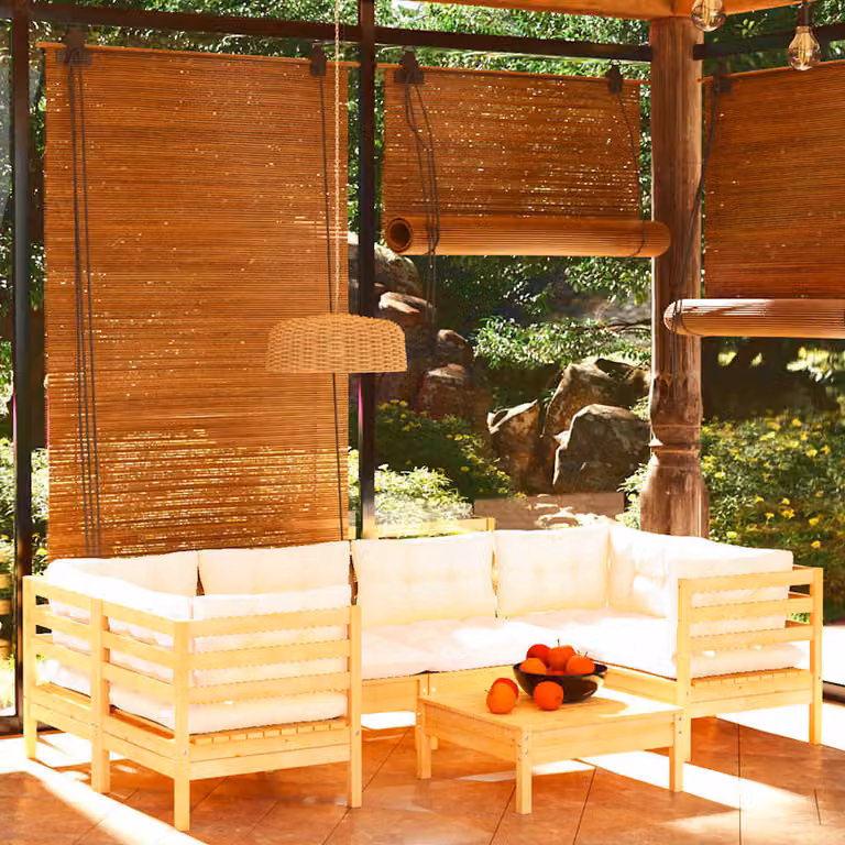 Set di divani da giardino vidaXL in legno massello di pino con cuscini beige, composizione a L con elemento angolare e pouf, 7 pezzi