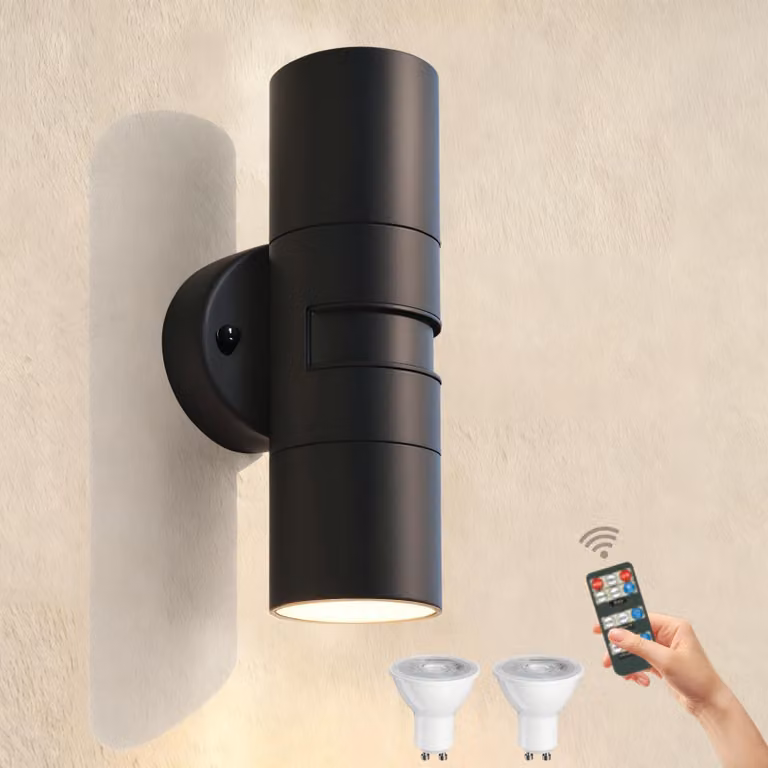 Lampada da parete con sensore di movimento, colore nero, grado di protezione IP54, 2 lampadine LED GU10 da 5W