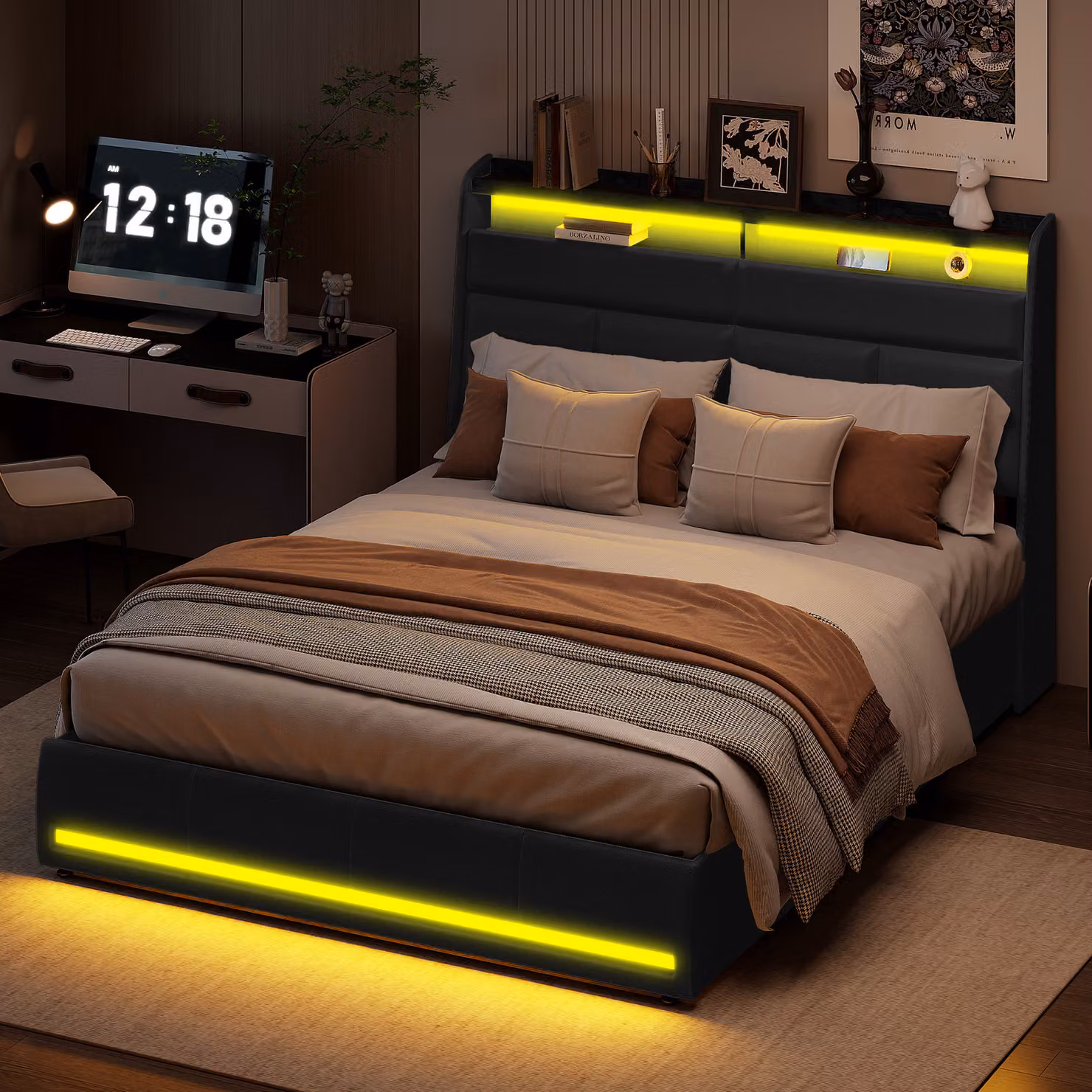 Letto imbottito Fortuna Lai 160x200cm, letto per ragazzi letto matrimoniale con rete a doghe e contenitore, letto contenitore con LED, Pelle finta, nero