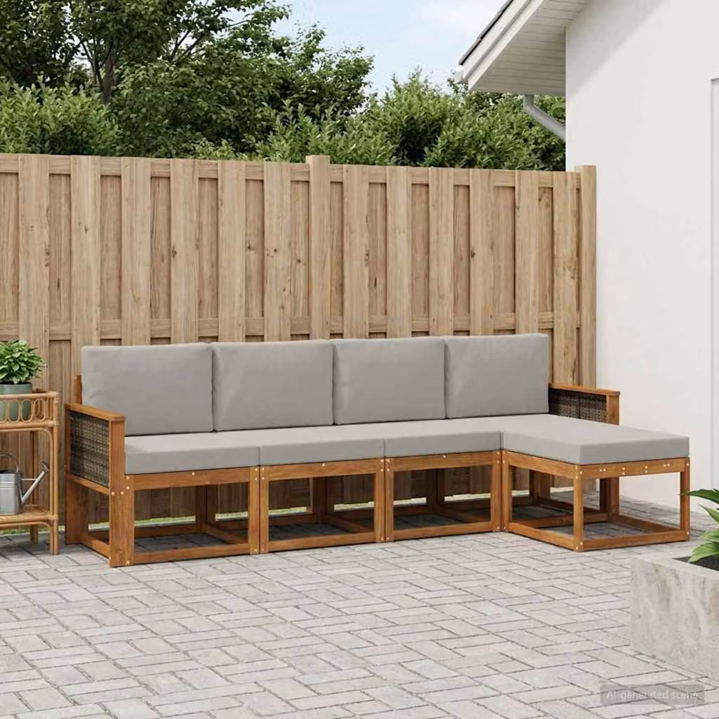 vidaXL Set di divani da esterno a L composto da 5 pezzi in legno di acacia con cuscini, colore marrone e grigio