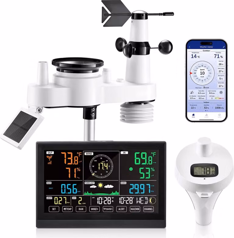 Stazione meteo wireless e WLAN - set 7 in 1 - connessione app - sensore solare da esterno - pluviometro - anemometro - termometro da piscina - previsioni meteo
