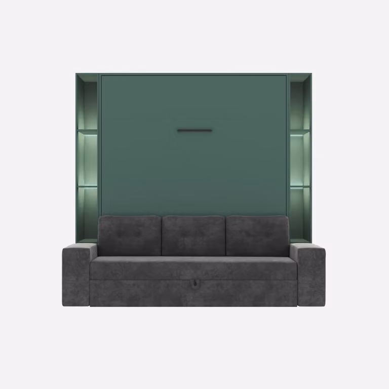 SMARTBett SET Letto a scomparsa M3 160x200 (profondità 55cm) verticale incl. divano antracite + 2 mensole LED STA.2.0021 Verde pietra