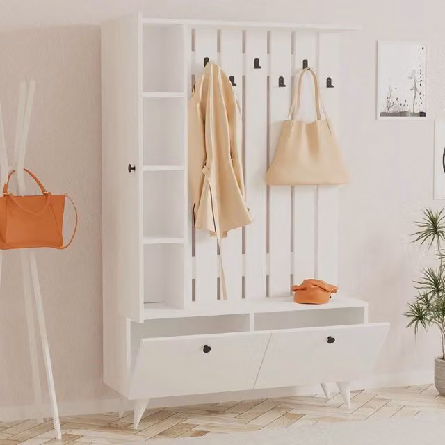 DMORA Aiello Mobile da Ingresso con Appendiabiti e Ripiani, Bianco, L: 112 cm, P: 35 cm, H: 170 cm – 1