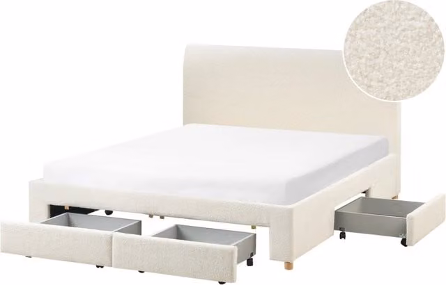 Letto Beliani con cassetti in tessuto bouclé bianco, design scandinavo moderno, L/P/H: 160 x 200 cm