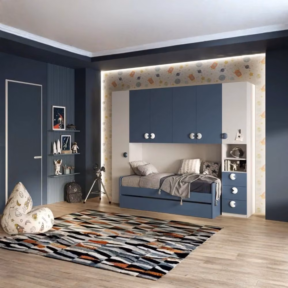 Cameretta a ponte Gilbert Veriaffari con 2 letti e armadio, bianco opaco e blu, L: 293 cm, P: 55 cm, H: 240,5 cm – 2