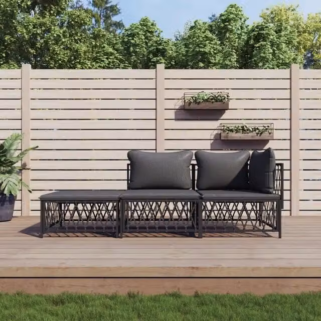Set Salotto da Giardino vidaXL a Forma di L in Acciaio Antracite e Textilene con Cuscini, 3 Pezzi – 1