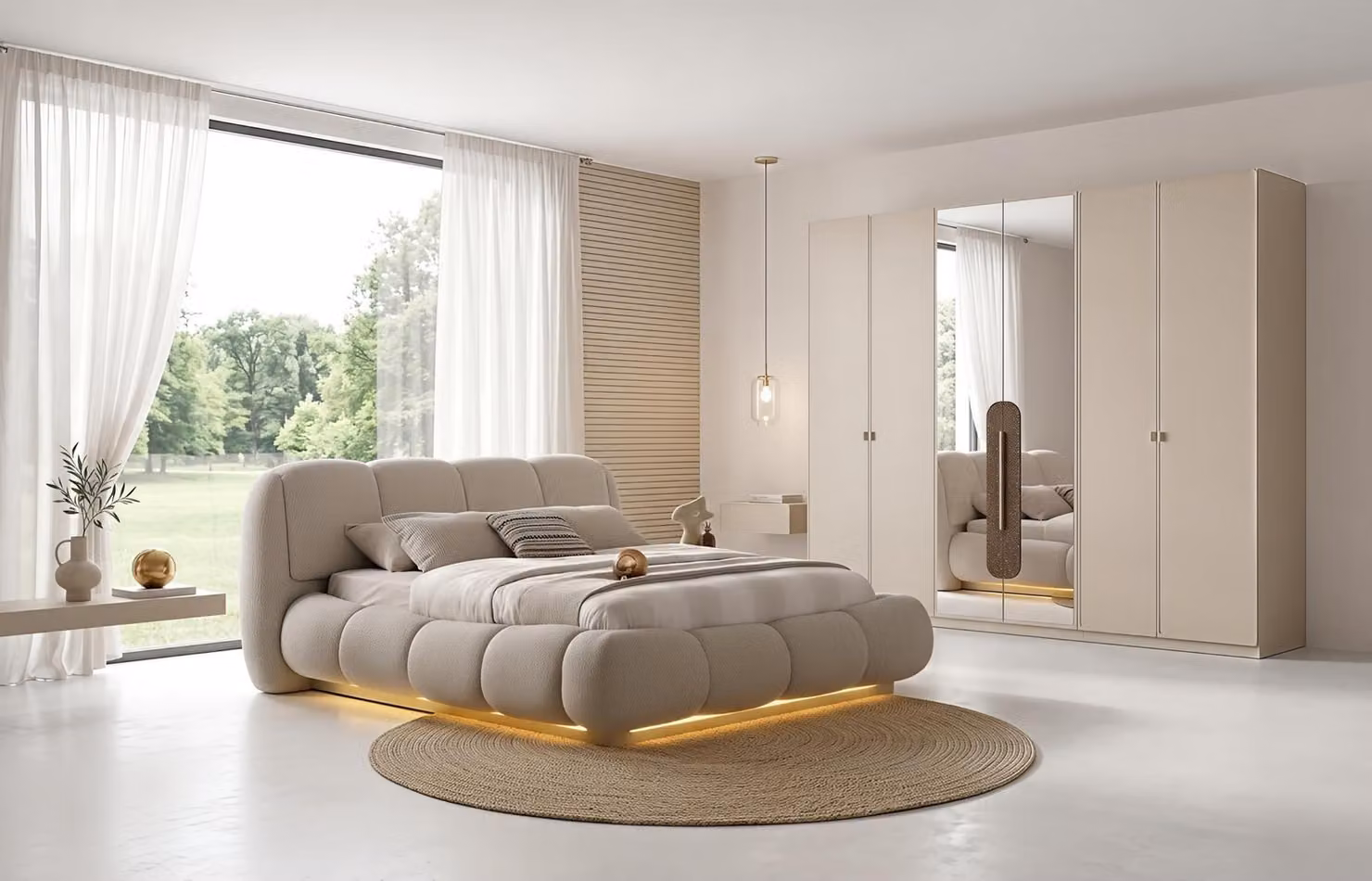 Set per camera da letto: letto, armadio. Design moderno, colore beige, elegante,