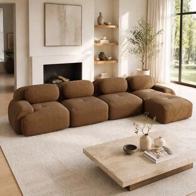 Divano angolare 388x178x70 cm in tessuto marrone, con chaise longue, per spazi piccoli –