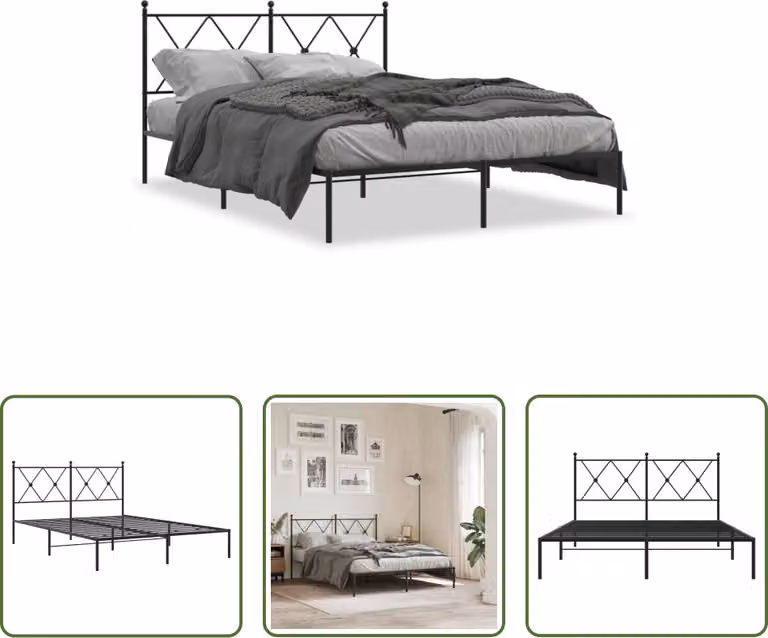 The Living Store Struttura letto con testiera in metallo nero 140x190 cm