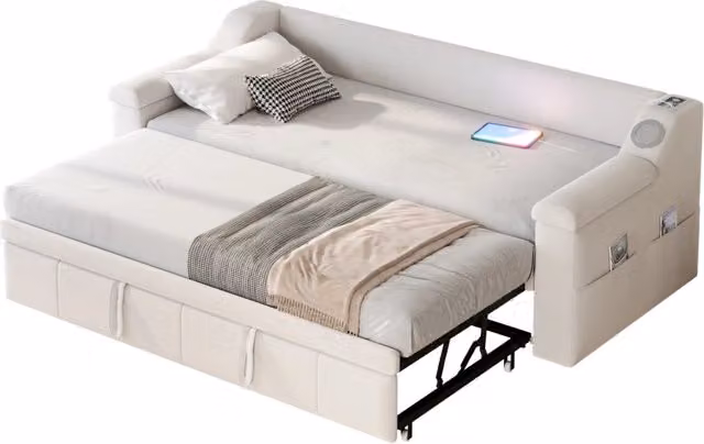 Divano letto 90x190 cm beige in velluto con Bluetooth e USB per piccoli spazi， senza materasso