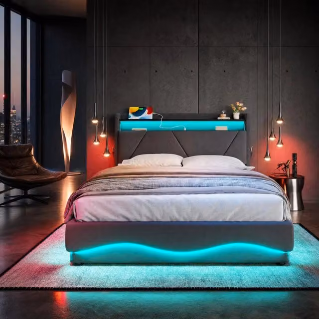 Letto contenitore Mivray in velluto grigio con illuminazione LED, porte USB Type-C e rete a doghe, L/P/H: 160 x 200 x 116,5 cm