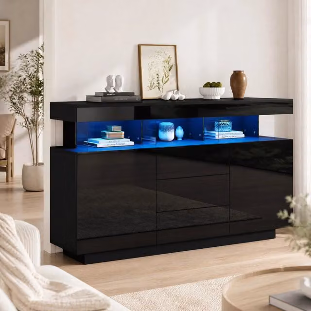 Sideboard moderno nero lucido 140x35x80 cm con LED e 3 cassetti, ideale per soggiorno e cucina