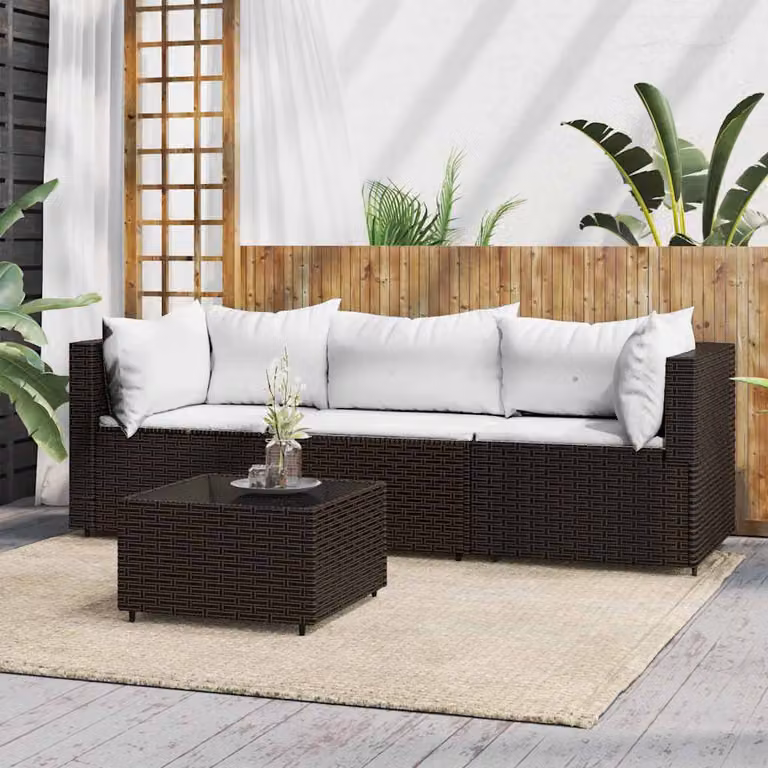 Set Mobili da Giardino Moderno vidaXL in Polyrattan Marrone e Bianco con Cuscini e Tavolino da Esterno