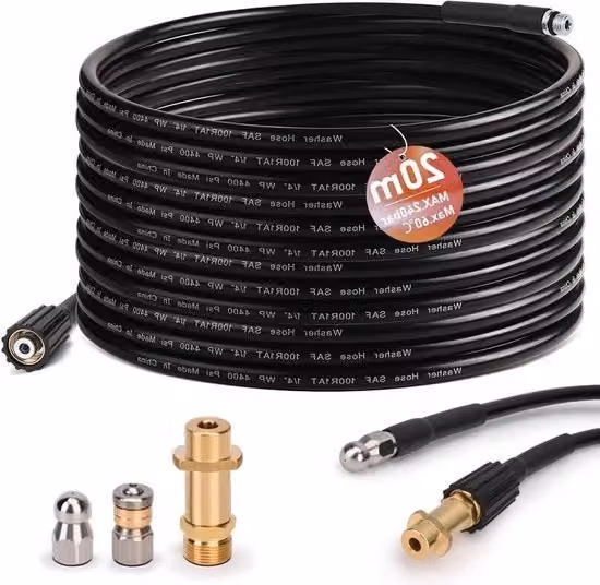 Set di pulizia tubi Kärcher con slang di rettifica da 20 m, adattatore M22, rigido e rotante, resistente fino a 200 bar e 60 °C, colore nero in acciaio inossidabile, compatibile con pompe ad alta pressione K2-K7