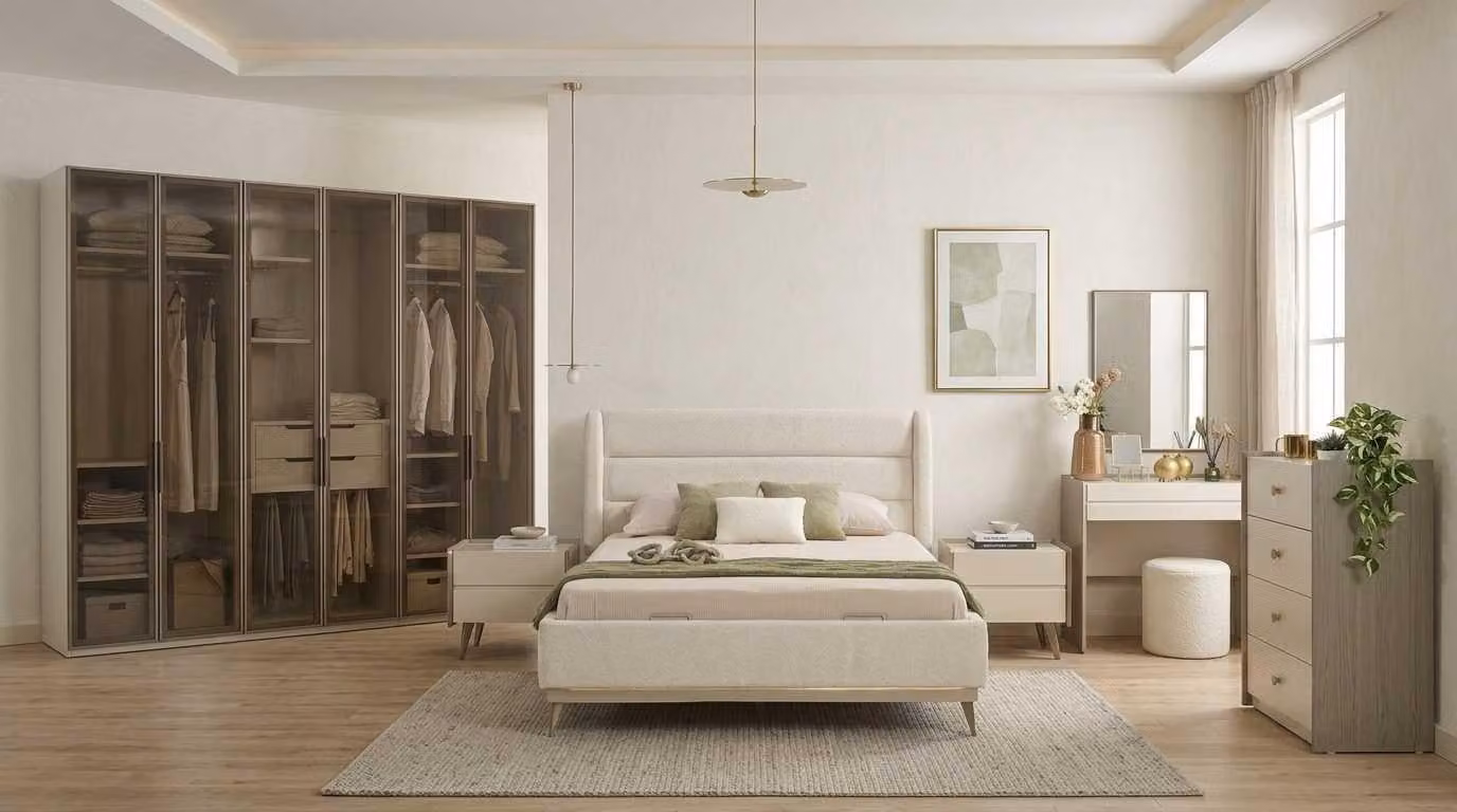 Set per camera da letto beige, moderno, composto da: letto, comò da trucco, armadio con vetri