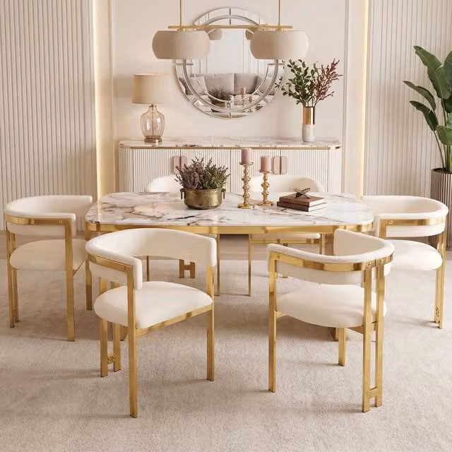 Set 6 sedie da pranzo ¨C Minimal ¨C Beige, rivestimento tessuto chenille, gambe effetto oro, stile moderno