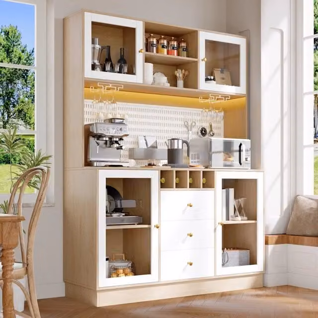 Mobile colonna da cucina Mivray bianco con LED integrati, portabottiglie e ripiani regolabili, L 140 cm x P 40 cm x H 185.7 cm – 1