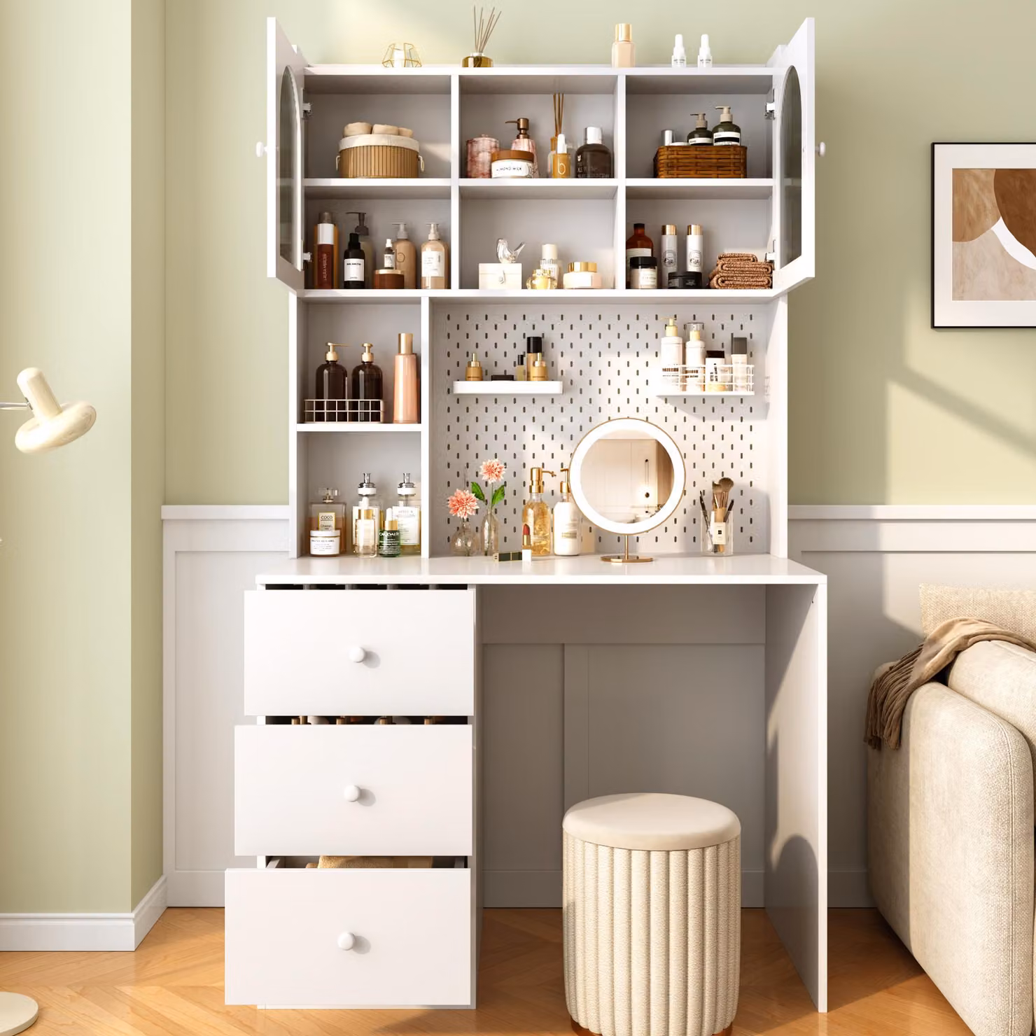Scrivania multifunzionale con armadio e scaffale, 100x55x180 cm, scrivania in MDF bianca con spazio contenitivo, tre cassetti e ante in vetro, ideale per l'ufficio domestico e lo studio
