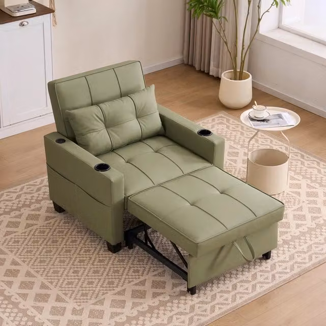 Poltrona letto 3 in 1 estraibile Mivray Avocado in ecopelle verde con schienale regolabile e tasca laterale