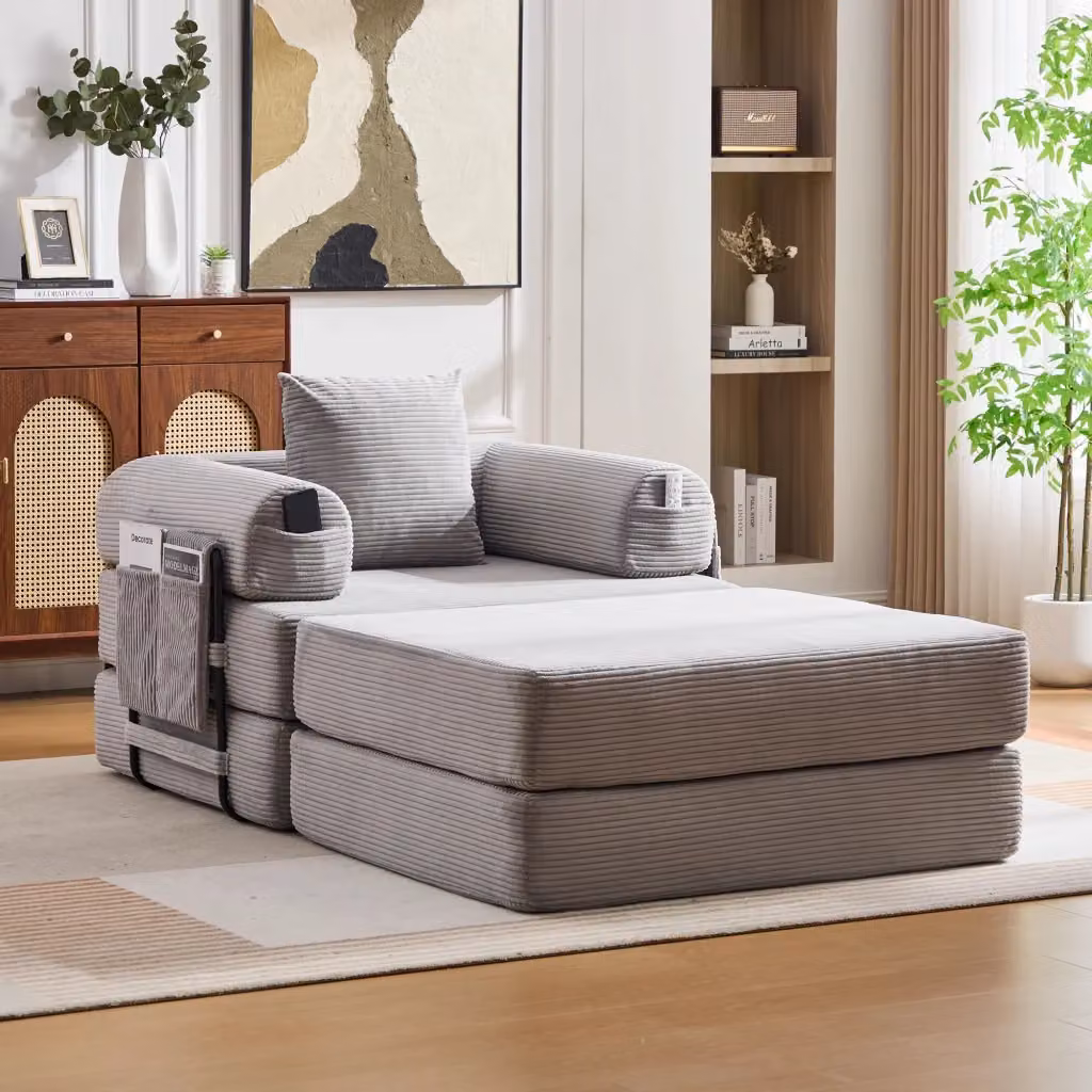 Divano modulare a L WISHDOR in velluto a coste con pouf e cuscini coordinati, struttura in metallo, grigio – 2