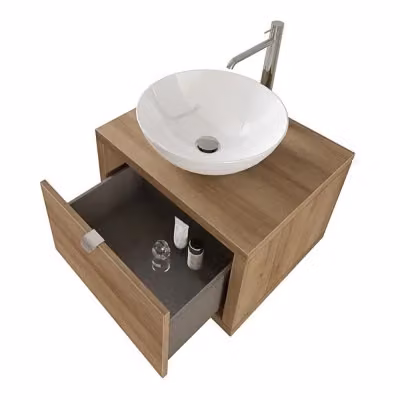 Mobile bagno sospeso INBAGNO Master rovere color marrone con lavabo a bacinella, specchio con illuminazione LED e ante soft close, Larghezza: 60 cm – 2