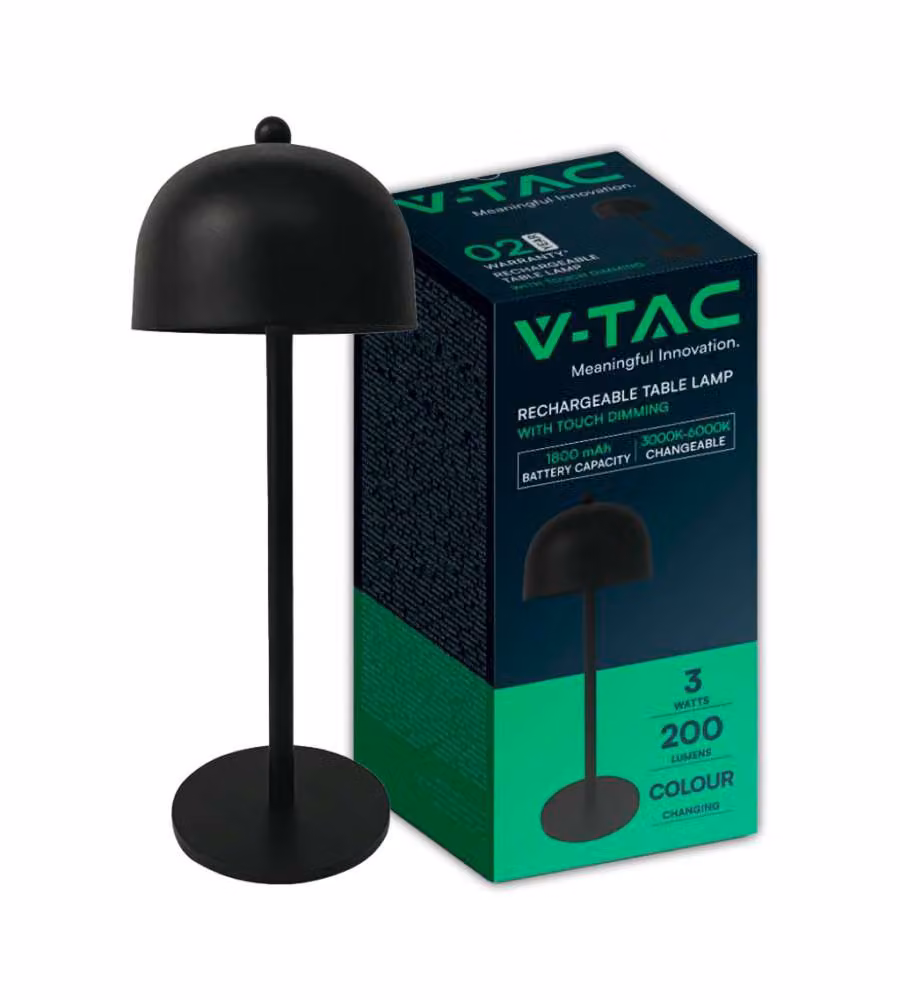 V-TAC Lampada LED da Tavolo 3W in Metallo Nero con Batteria Ricaricabile, Touch Dimmerabile e Design Moderno