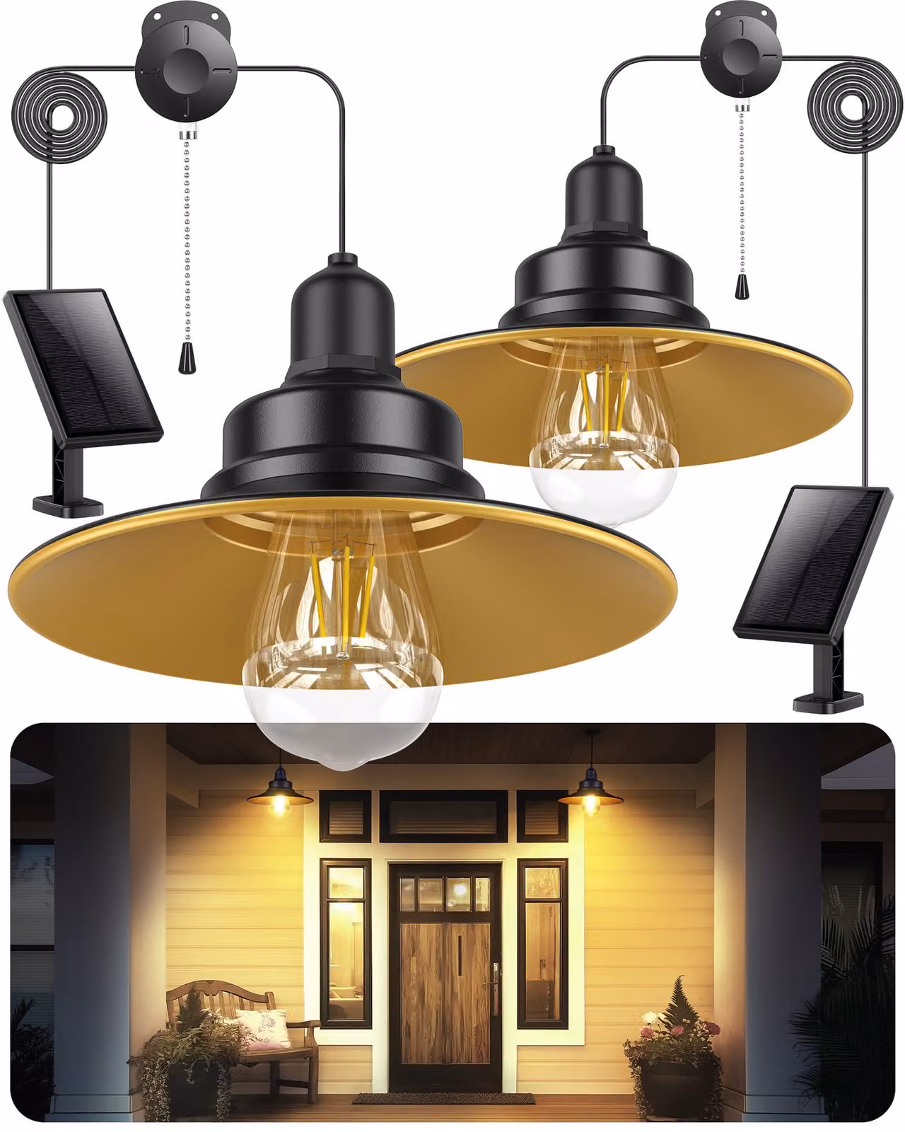 2 lampade a sospensione solari, grado di protezione IP65, interruttore a tirante, luce bianco caldo, stile retrò