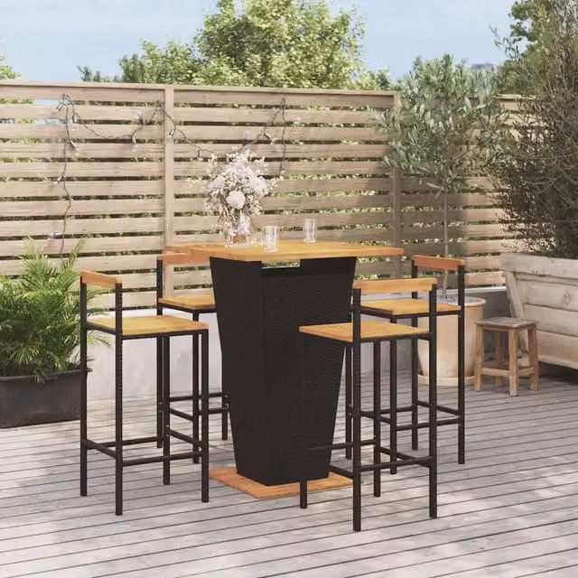 Set Bar Giardino 5 pz Nero Polyrattan e Legno Massello Acacia 3187727