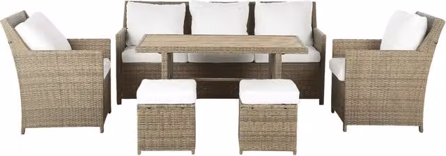 Set da giardino Beliani in rattan marrone e bianco con tavolo rettangolare, 2 poltrone, 2 pouf e divano a 5 posti