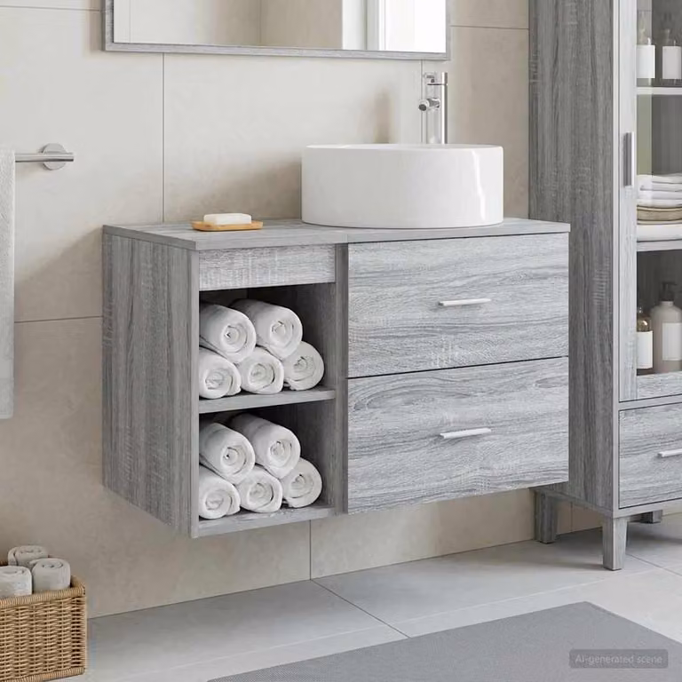 Set di mobili per il bagno vidaXL composto da mobile lavabo e pensile a parete, colore grigio, design moderno in legno e MDF