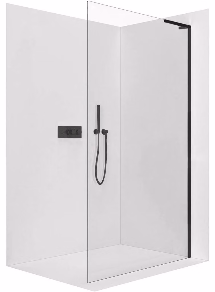 CERANO - Box doccia Walk-in Onyx con montante a L a destra - 8 mm - nero opaco, vetro trasparente - 120x200 cm