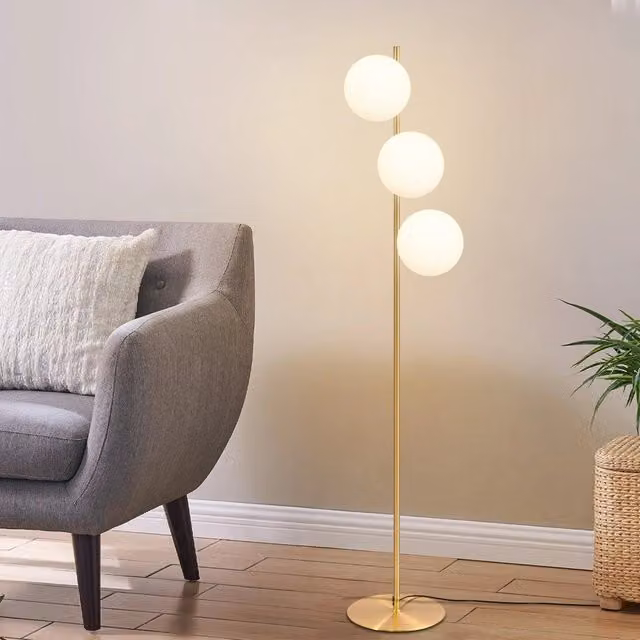 ZMH Lampada da terra moderna con 3 fiamme in metallo e vetro, colore oro e bianco, con interruttore a pedale per soggiorno
