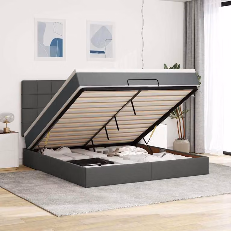 Letto con contenitore a sollevamento vidaXL in tessuto grigio e bianco con materasso, illuminazione sottostante e porta di ricarica USB, L: 180 cm, P: 200 cm, H: 203 cm