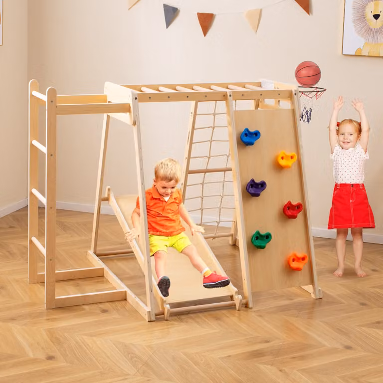 Set Parco Giochi per Bambini 6 in 1 Costway in Legno Naturale con Scivolo, Struttura per Arrampicata e Canestro da Basket Multicolore